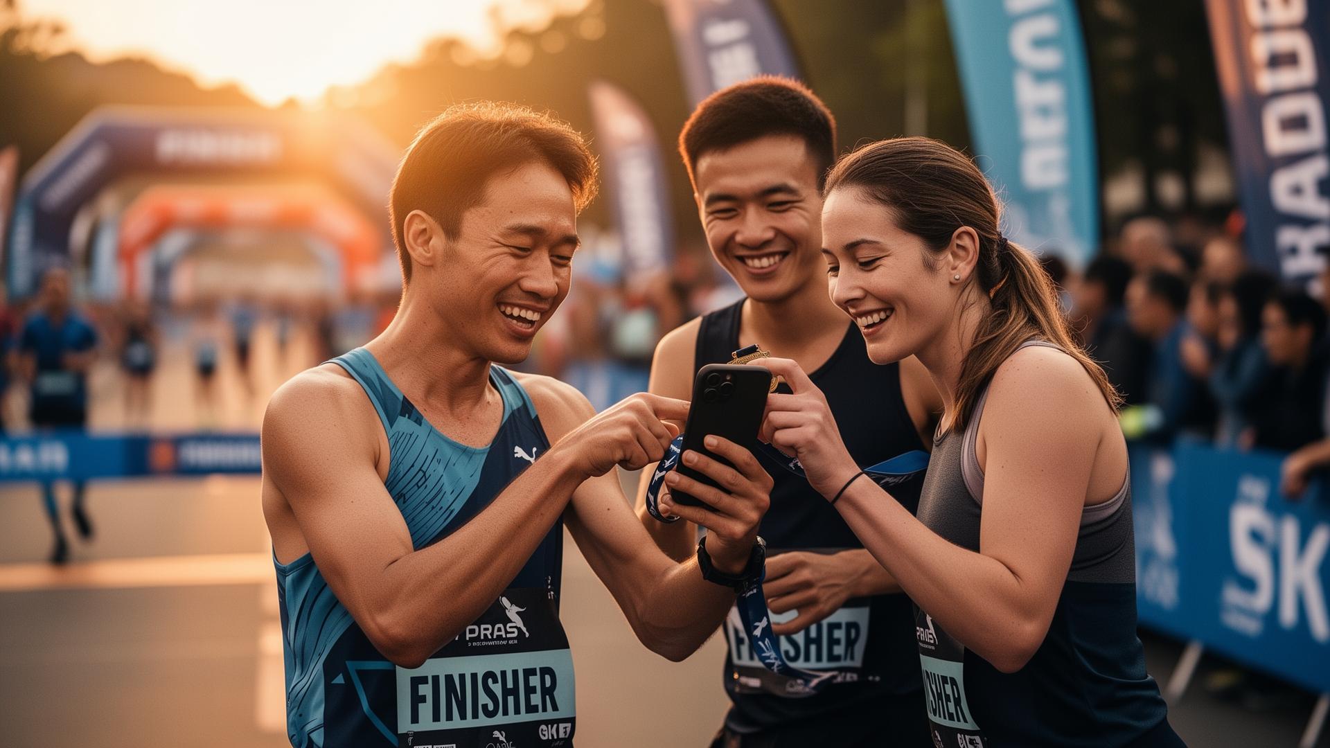 Runner showing finisher medal experience on phone to friends at the finish line