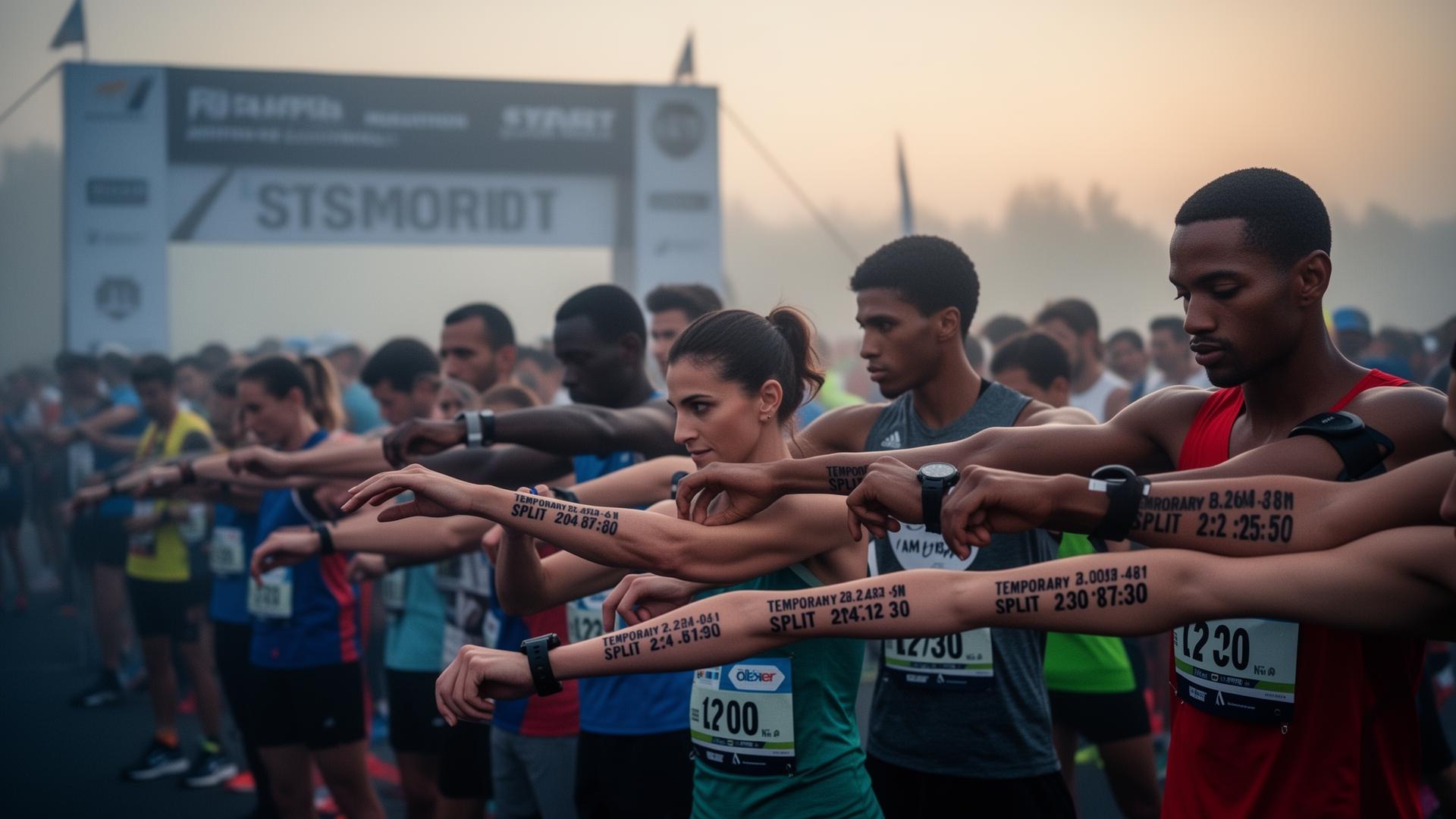Marathon start line with runners showing race-plan tattoos on their forearms