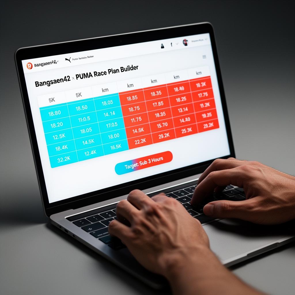 Runner using the Bangsaen42 × PUMA race plan builder on a laptop