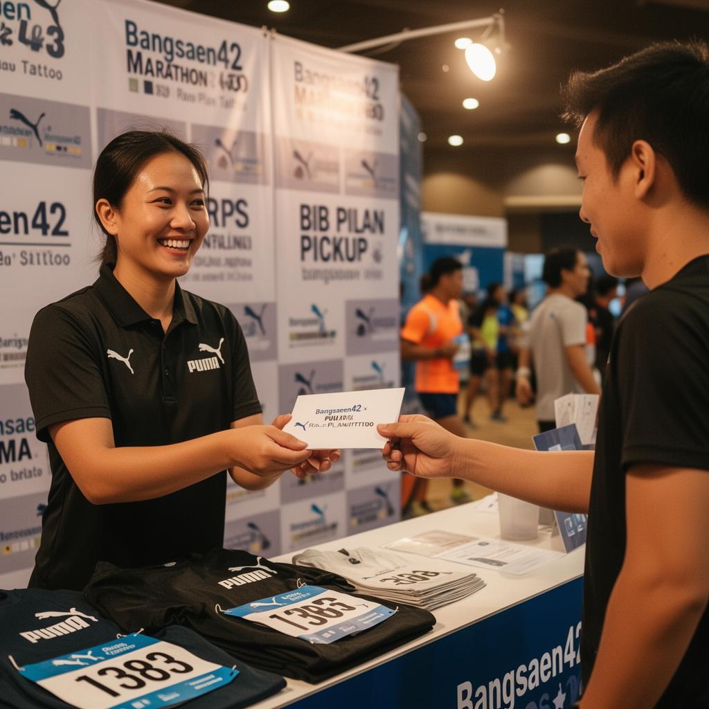 PUMA staff handing a Bangsaen42 race plan tattoo envelope to a runner at the BIB pickup booth