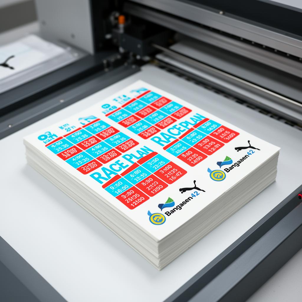 Stack of printed Bangsaen42 × PUMA race plan tattoo papers on a print tray
