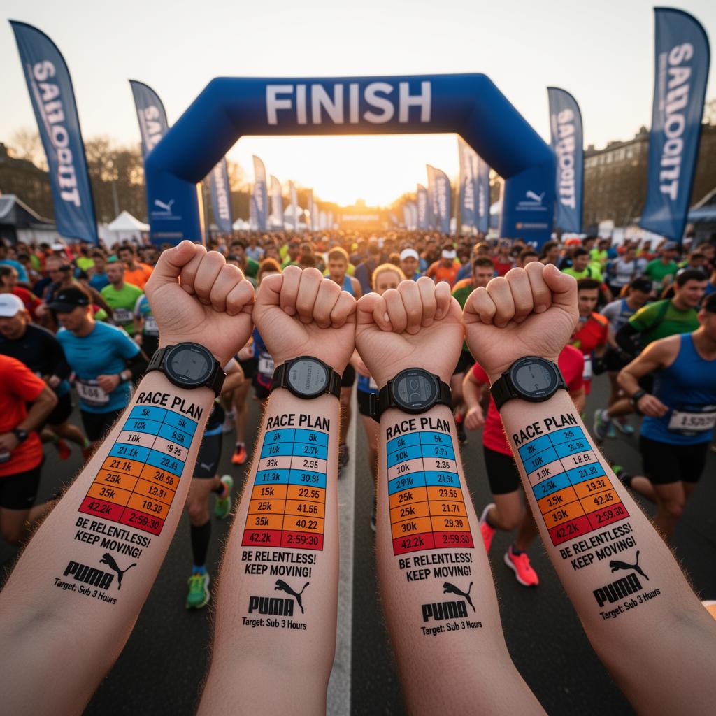 Runners raising forearms showing race plan temporary tattoos