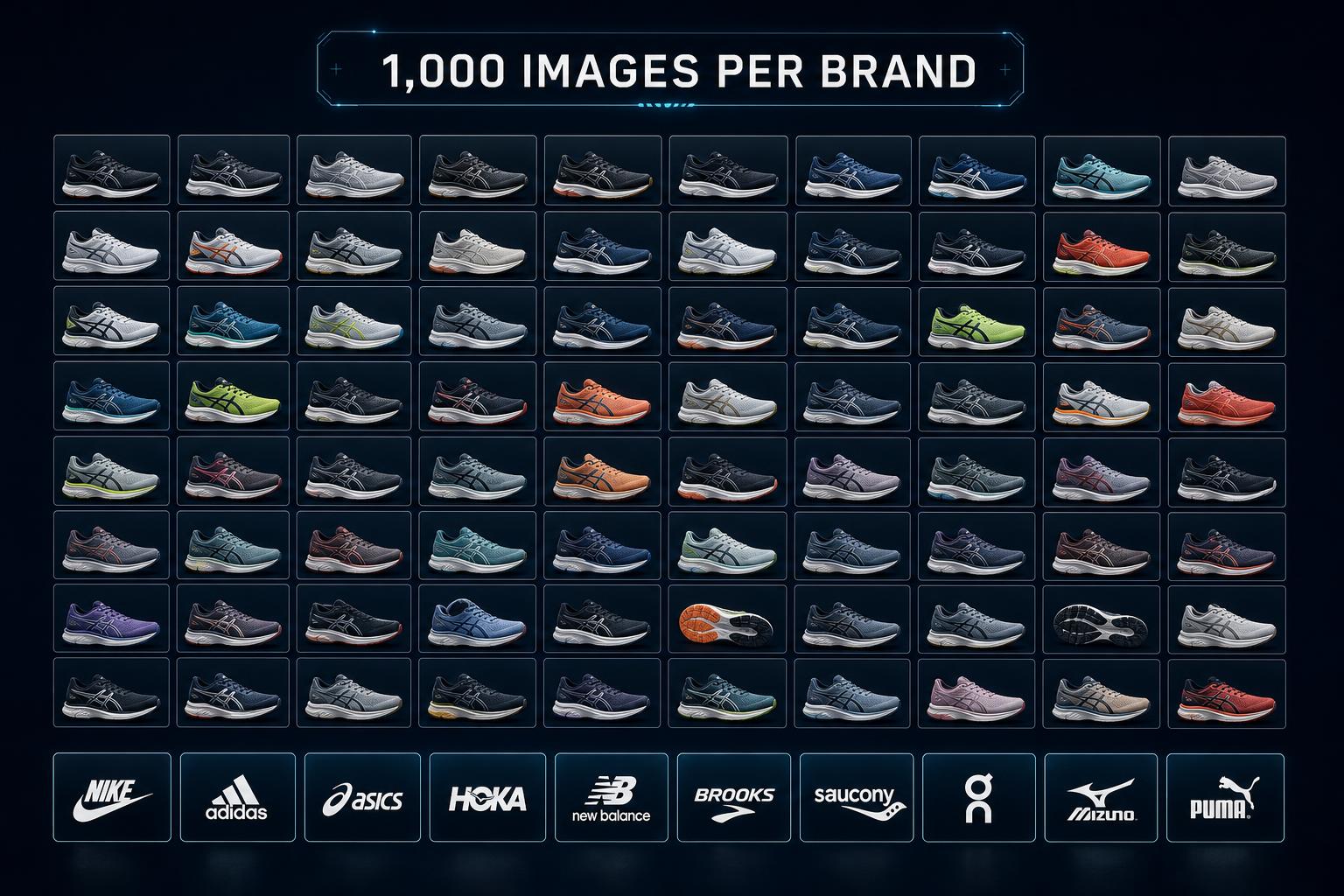 Grid of approximately 1,000 running shoes across multiple brands used as training dataset