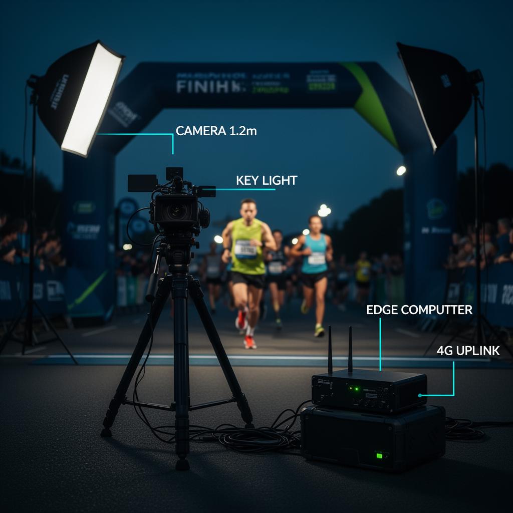 Annotated finish-line setup with camera at 1.2m, key light, edge computer and 4G uplink